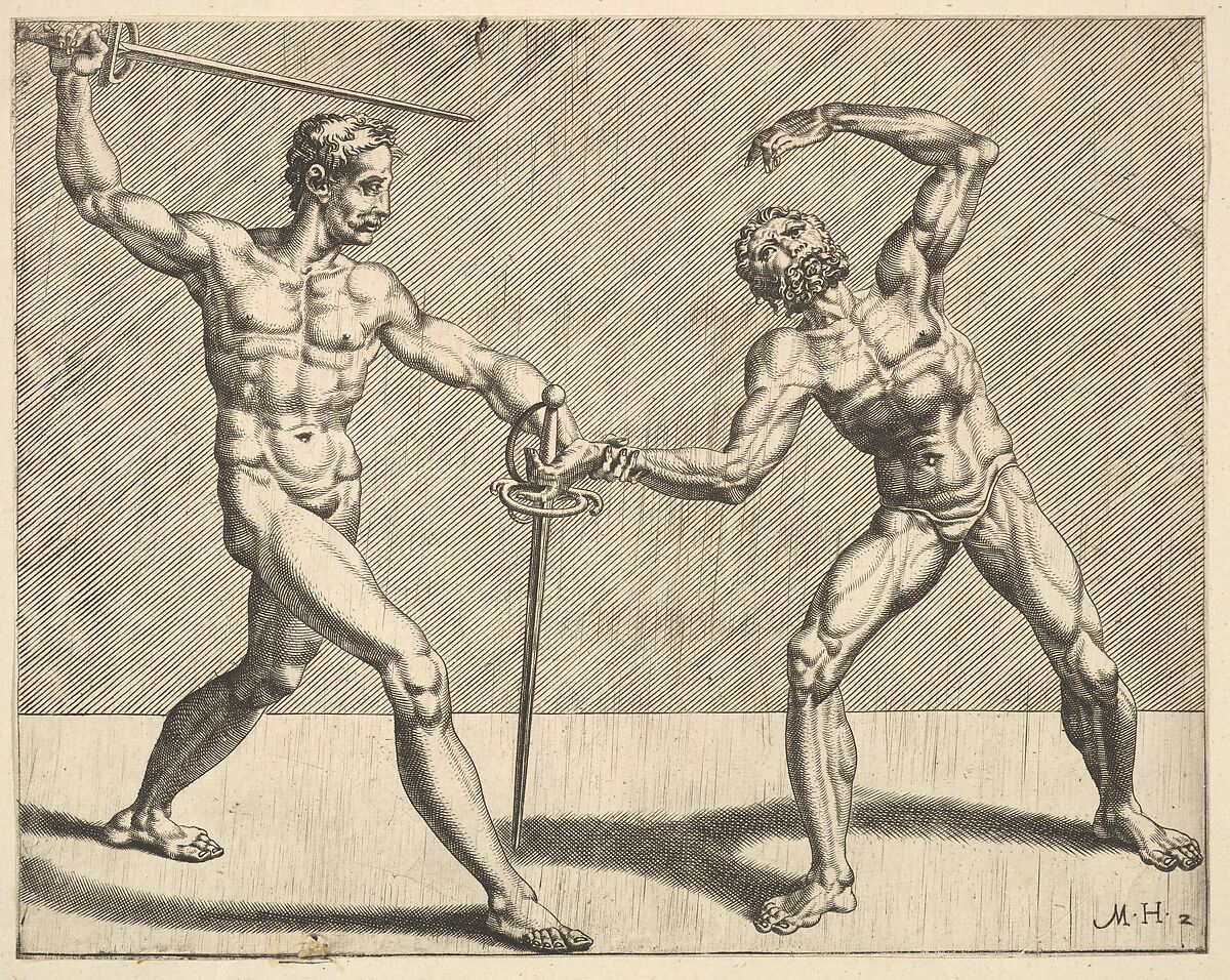 Two Wrestlers, from Wrestlers, plate 4, Dirck Volckertsz Coornhert (Netherlandish, Amsterdam 1519/22–1590 Gouda), Etching and engraving