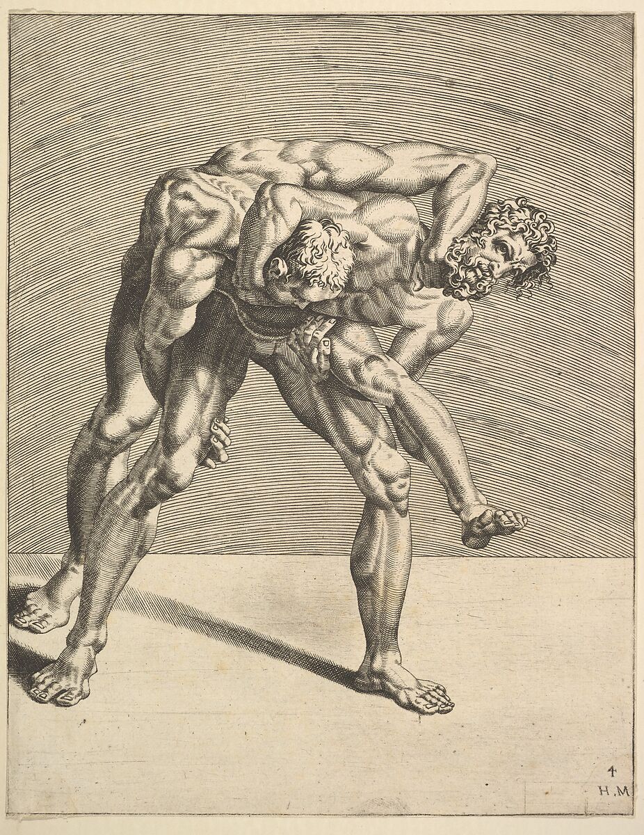 Two Wrestlers, from Wrestlers, plate 4, Dirck Volckertsz Coornhert (Netherlandish, Amsterdam 1519/22–1590 Gouda), Etching and engraving 