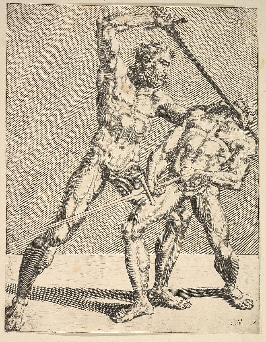 Two Fencers, from Fencers, plate 7, Dirck Volckertsz Coornhert (Netherlandish, Amsterdam 1519/22–1590 Gouda), Etching and engraving. 