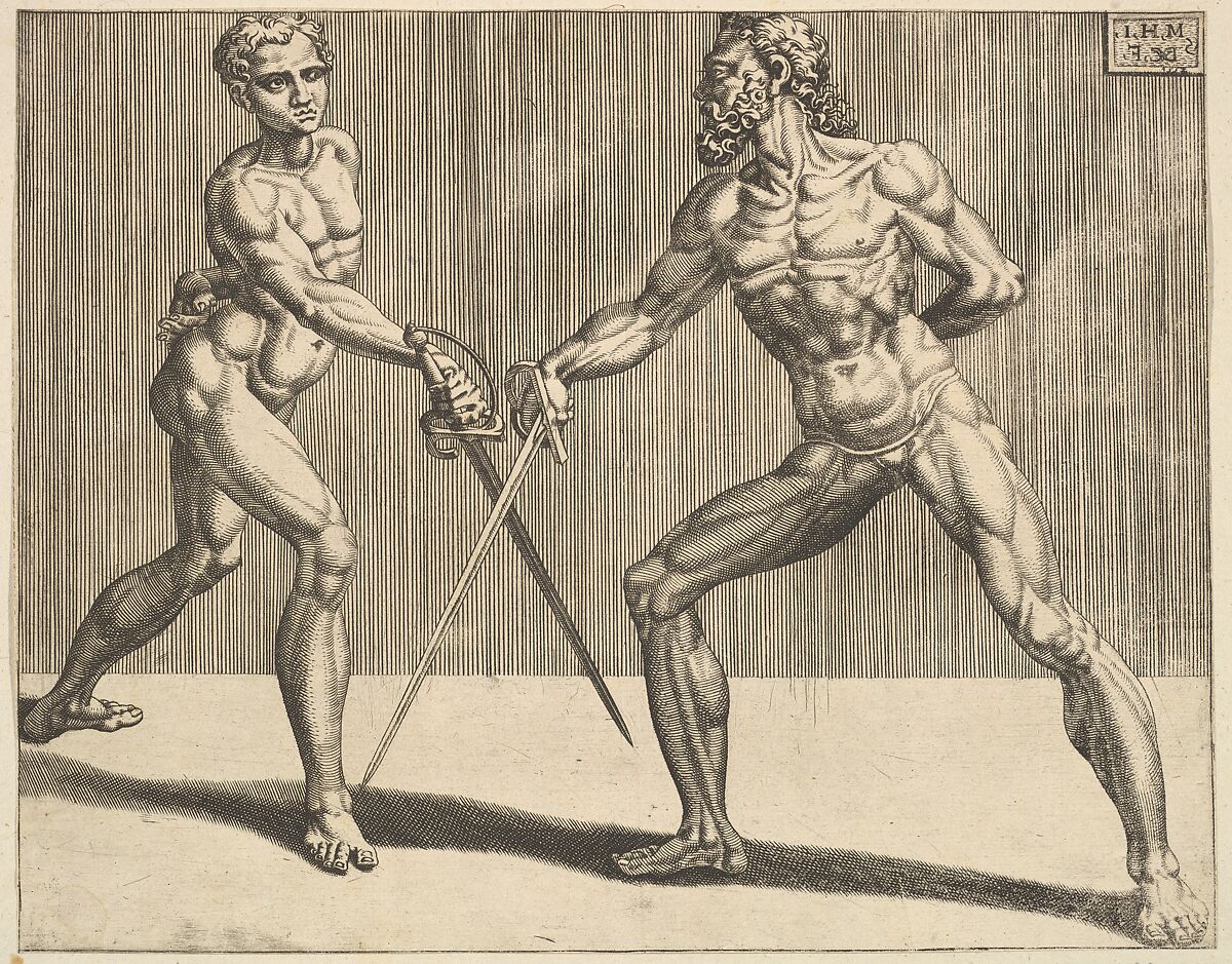 Two Fencers, from Fencers, plate 5, Dirck Volckertsz Coornhert (Netherlandish, Amsterdam 1519/22–1590 Gouda), Etching and engraving. 
