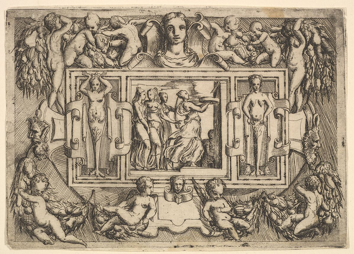 The Cumeaean sibyl walking to the right and carrying a tray, followed by three women, set within an elaborate frame, Battista Angolo del Moro (Italian, Verona ca. 1515–ca. 1573 Murano), Etching 
