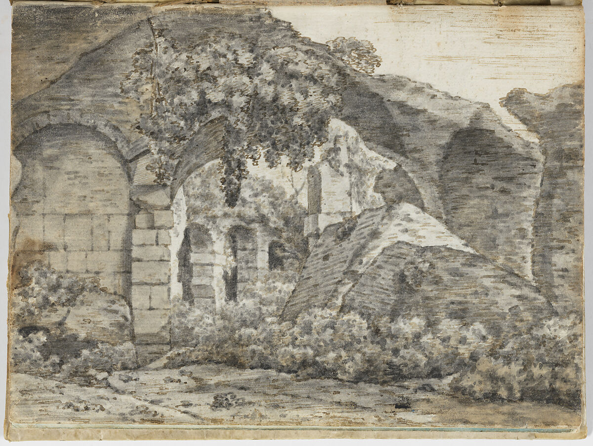 Roman ruins (recto). Three figures in classical robes (verso) (Smaller Italian sketchbook, leaf 1), Joseph Wright (Wright of Derby) (British, Derby 1734–1797 Derby), Recto: pen and ink, brush and gray wash, over graphite
Verso: graphite 