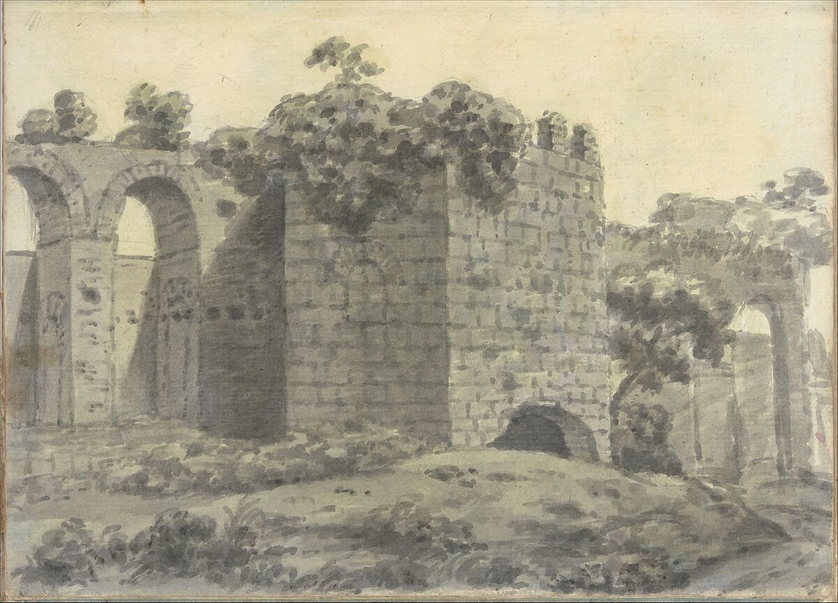 Roman ruins Including an arched aqueduct and tower (Smaller Italian sketchbook, leaf 2 recto), Joseph Wright (Wright of Derby) (British, Derby 1734–1797 Derby), Brush and gray and yellow ink wash or watercolor 