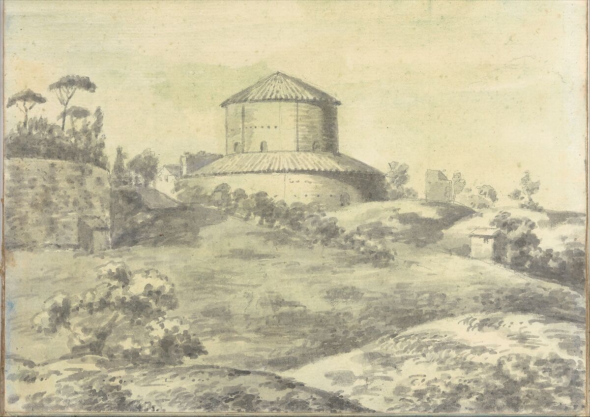 Landscape with an ancient temple converted into a church, at Rome (Smaller Italian sketchbook, leaf 4 recto), Joseph Wright (Wright of Derby) (British, Derby 1734–1797 Derby), Brush and gray and yellow ink wash or watercolor 
