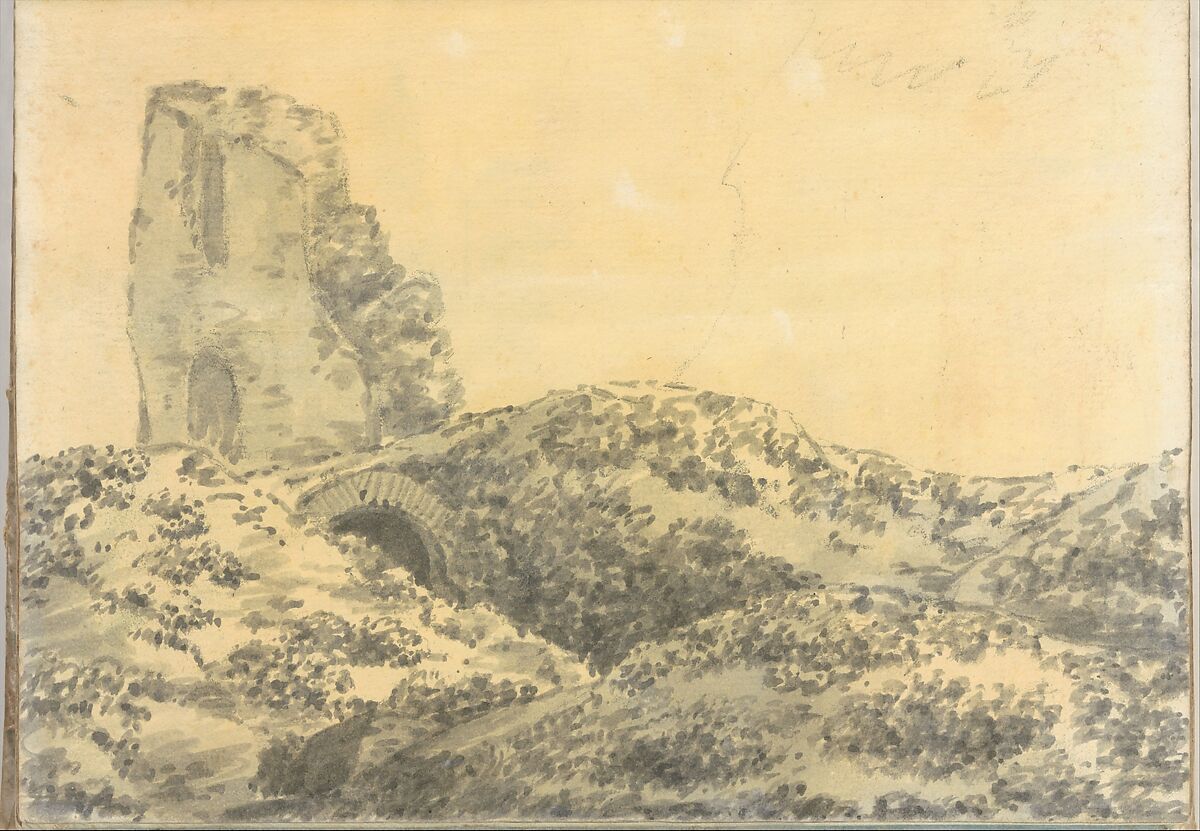 Ruined monument near Rome (Smaller Italian sketchbook, leaf 5 recto), Joseph Wright (Wright of Derby) (British, Derby 1734–1797 Derby), Brush and gray and yellow ink wash or watercolor, over graphite 