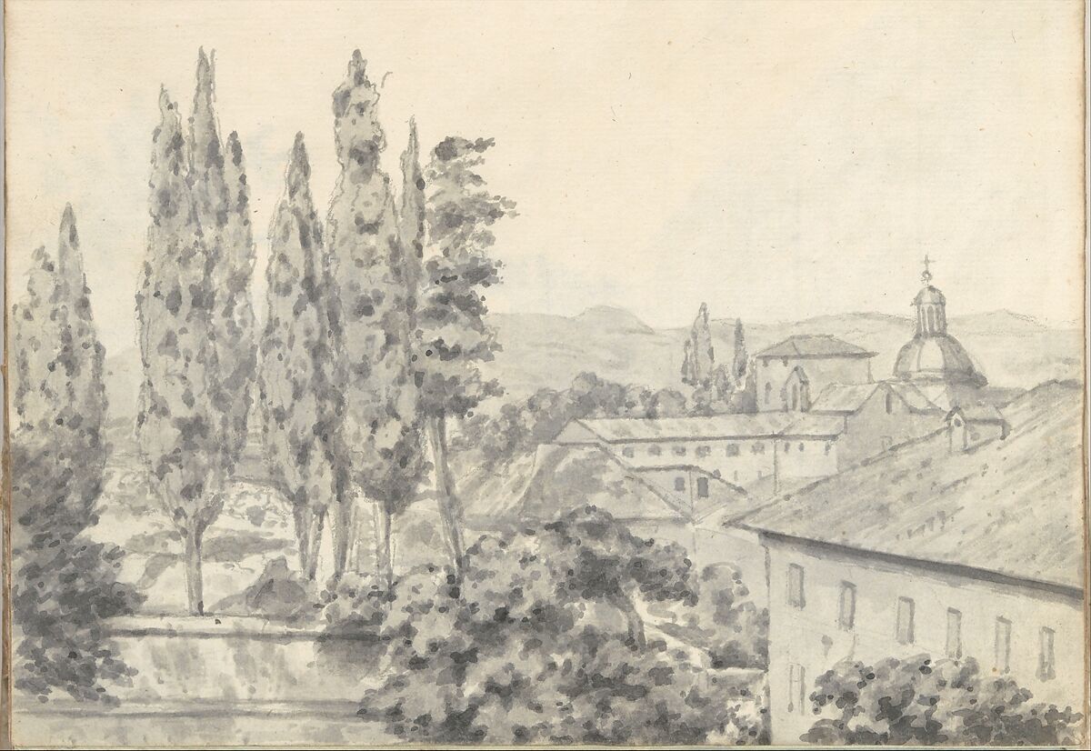 Institutional buildings, a garden, and a church at Rome (Smaller Italian sketchbook, leaf 6 recto), Joseph Wright (Wright of Derby) (British, Derby 1734–1797 Derby), Brush and gray ink wash 