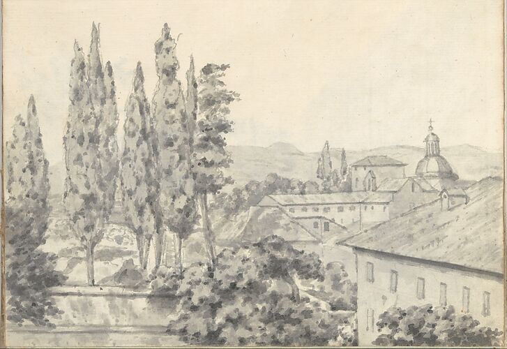 Institutional buildings, a garden, and a church at Rome (Smaller Italian sketchbook, leaf 6 recto)