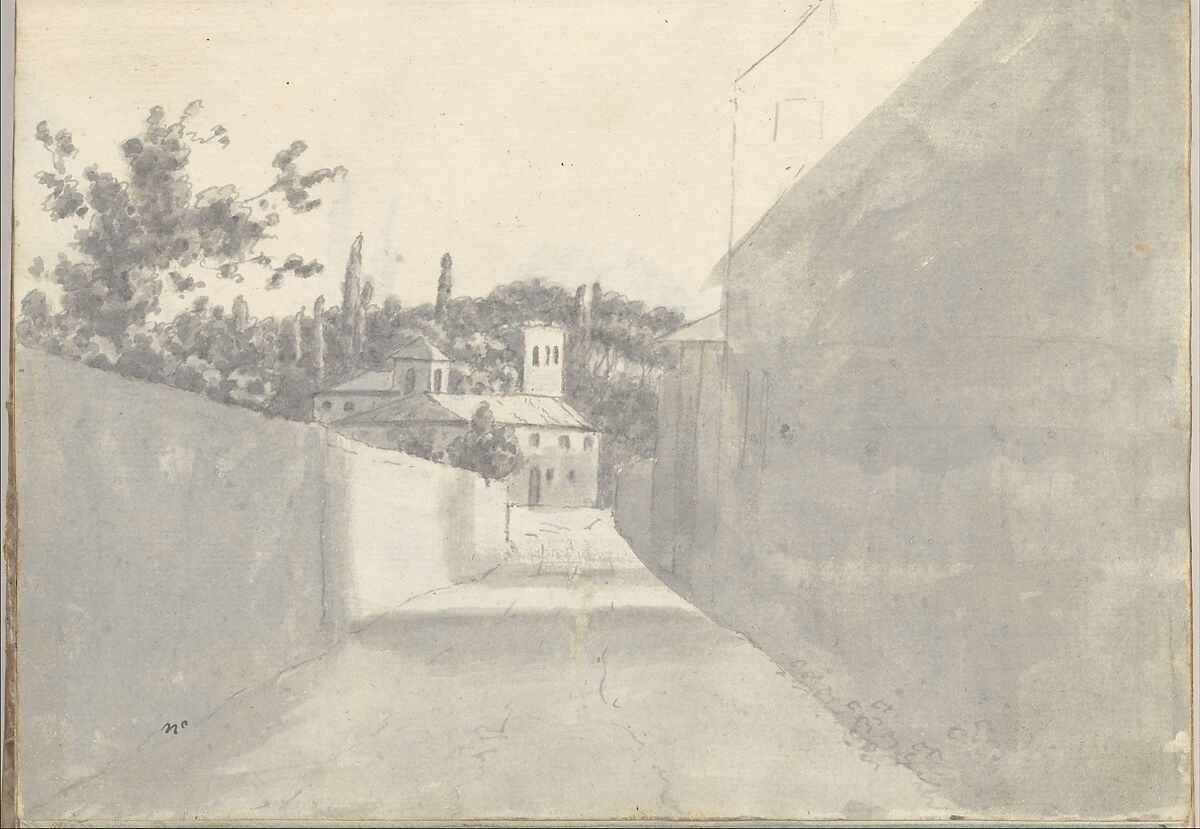 Walled street and distant villa at Rome (Smaller Italian sketchbook, leaf 7 recto), Joseph Wright (Wright of Derby) (British, Derby 1734–1797 Derby), Brush and gray wash over graphite, touches of pen and ink 