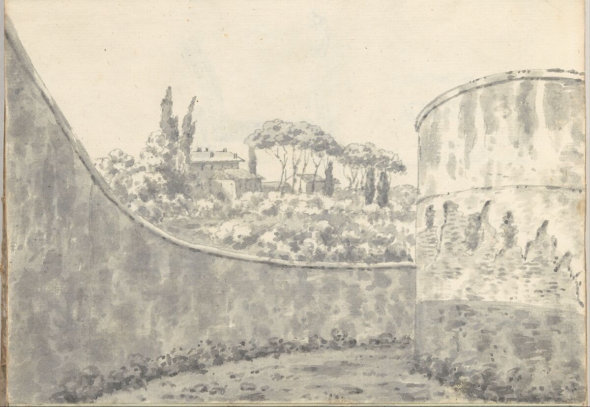 Curved wall, round tower and distant villa, near St. Peter's at Rome (Smaller Italian sketchbook, leaf 8 recto), Joseph Wright (Wright of Derby) (British, Derby 1734–1797 Derby), Pen and ink, brush and gray wash 