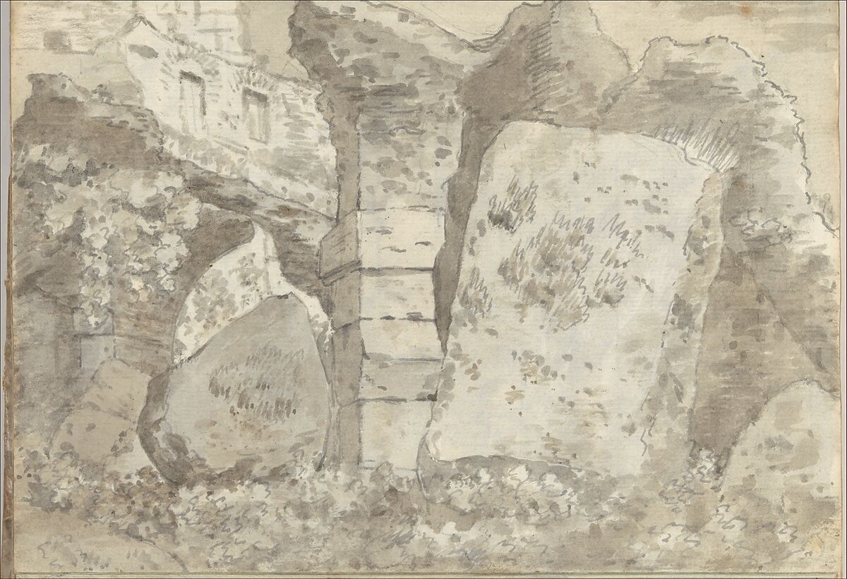 Roman ruins (Smaller Italian sketchbook, leaf 10 recto), Joseph Wright (Wright of Derby) (British, Derby 1734–1797 Derby), Pen and ink, brush and gray-brown wash 