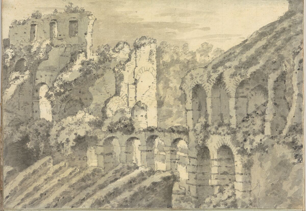 Part of the Colosseum at Rome (Smaller Italian sketchbook, leaf 11 recto), Joseph Wright (Wright of Derby) (British, Derby 1734–1797 Derby), Pen and ink, brush and gray wash and yellow wash or watercolor 