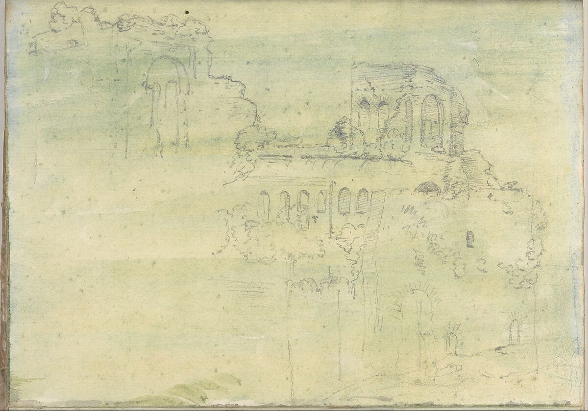 Roman ruins (Smaller Italian sketchbook, leaf 12 recto), Joseph Wright (Wright of Derby) (British, Derby 1734–1797 Derby), Brush and yellow and blue wash over graphite 