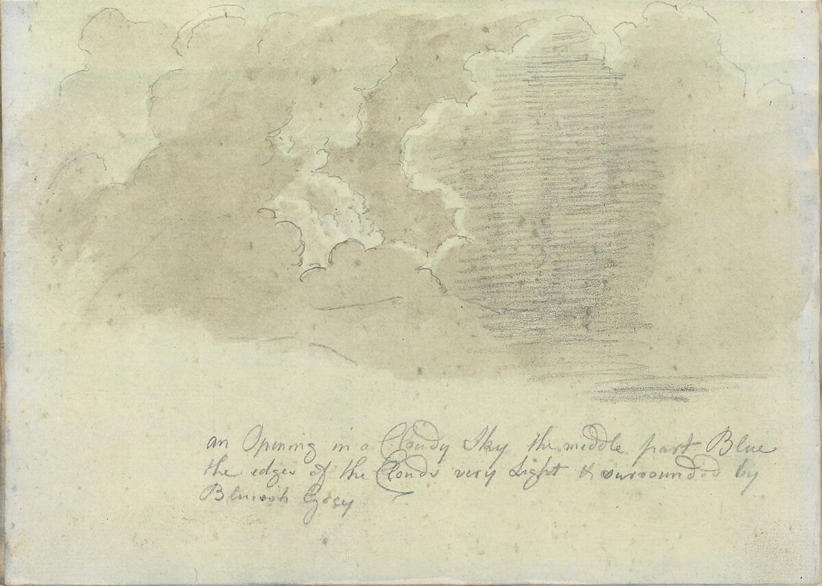 An Opening in a Cloudy Sky (Smaller Italian sketchbook, leaf 13 recto), Joseph Wright (Wright of Derby) (British, Derby 1734–1797 Derby), Pen and ink, brush and brown and green wash, over graphite