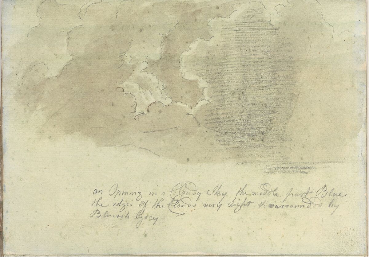 An Opening in a Cloudy Sky (Smaller Italian sketchbook, leaf 13 recto), Joseph Wright (Wright of Derby) (British, Derby 1734–1797 Derby), Pen and ink, brush and brown and green wash, over graphite 