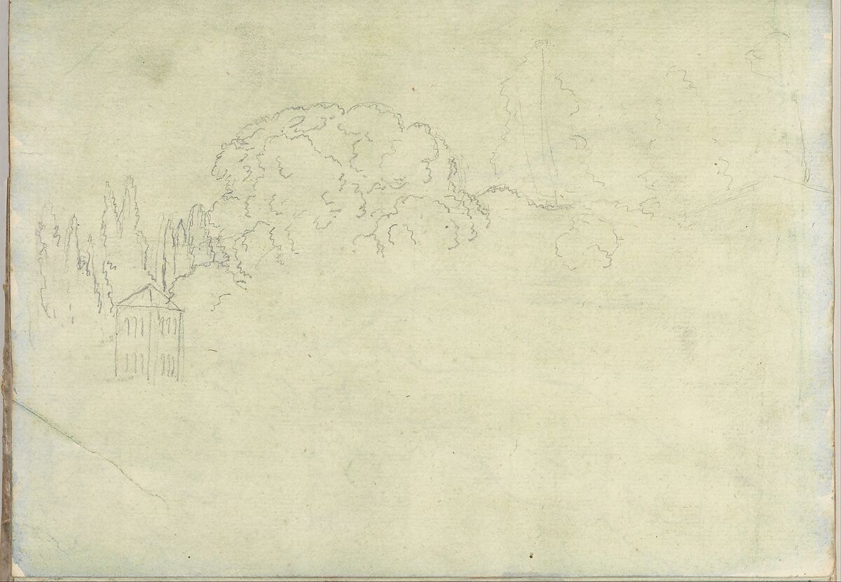 Landscape with trees and a tower (Smaller Italian sketchbook, leaf 15 recto), Joseph Wright (Wright of Derby) (British, Derby 1734–1797 Derby), Graphite with brush and faint green wash 
