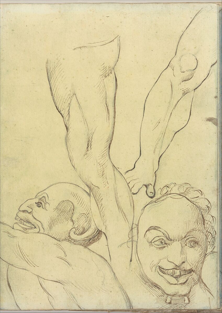 Two demons and two legs, after Michelangelo (?) (Smaller Italian sketchbook, leaf 16 recto), Joseph Wright (Wright of Derby) (British, Derby 1734–1797 Derby), Pen and brown ink, brush and yellow wash, over graphite 