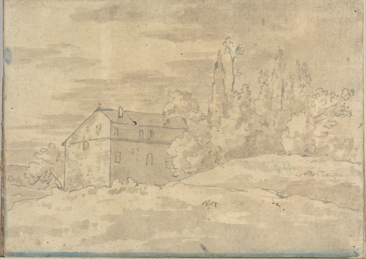 A villa surrounded by trees, at Rome (Smaller Italian sketchbook, leaf 22 recto), Joseph Wright (Wright of Derby) (British, Derby 1734–1797 Derby), Brush and brown and blue wash, touches of pen and ink, over graphite 