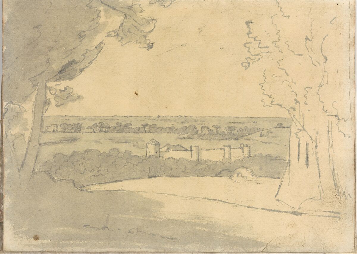 Landscape with distant buildings (Smaller Italian sketchbook, leaf 23 recto), Joseph Wright (Wright of Derby) (British, Derby 1734–1797 Derby), Pen and ink, brush and gray and yellow wash or watercolor 