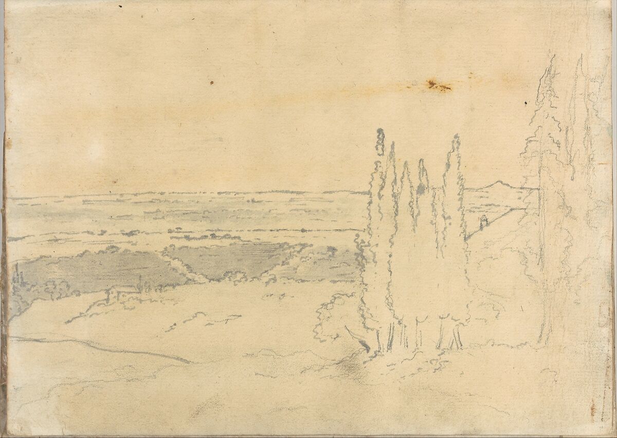 Landscape with cedars and buildings, at Rome (Smaller Italian sketchbook, leaf 24 recto), Joseph Wright (Wright of Derby) (British, Derby 1734–1797 Derby), Pen and ink, brush and gray and yellow wash or watercolor, over graphite 
