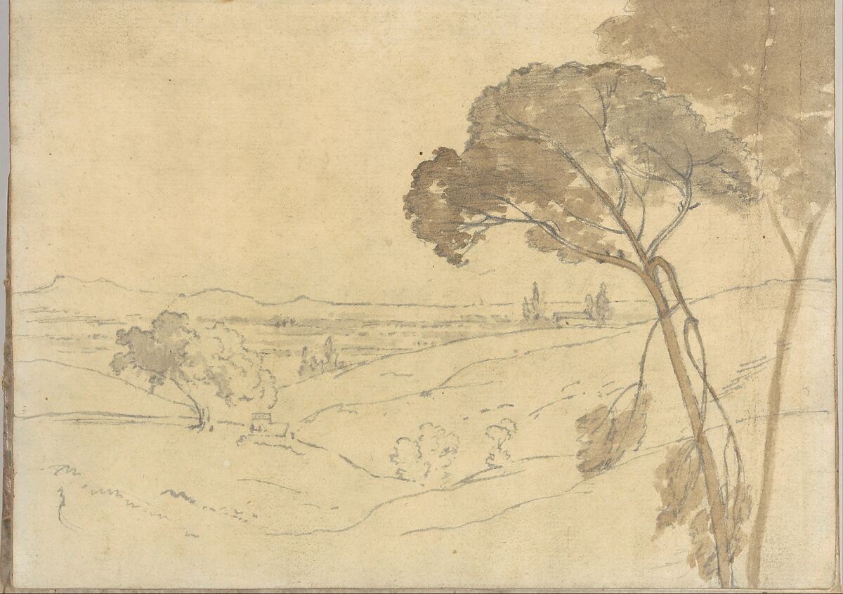Landscape with distant buildings, near Rome (Smaller Italian sketchbook, leaf 27 recto), Joseph Wright (Wright of Derby) (British, Derby 1734–1797 Derby), Graphite, brush and brown ink and yellow wash or watercolor 