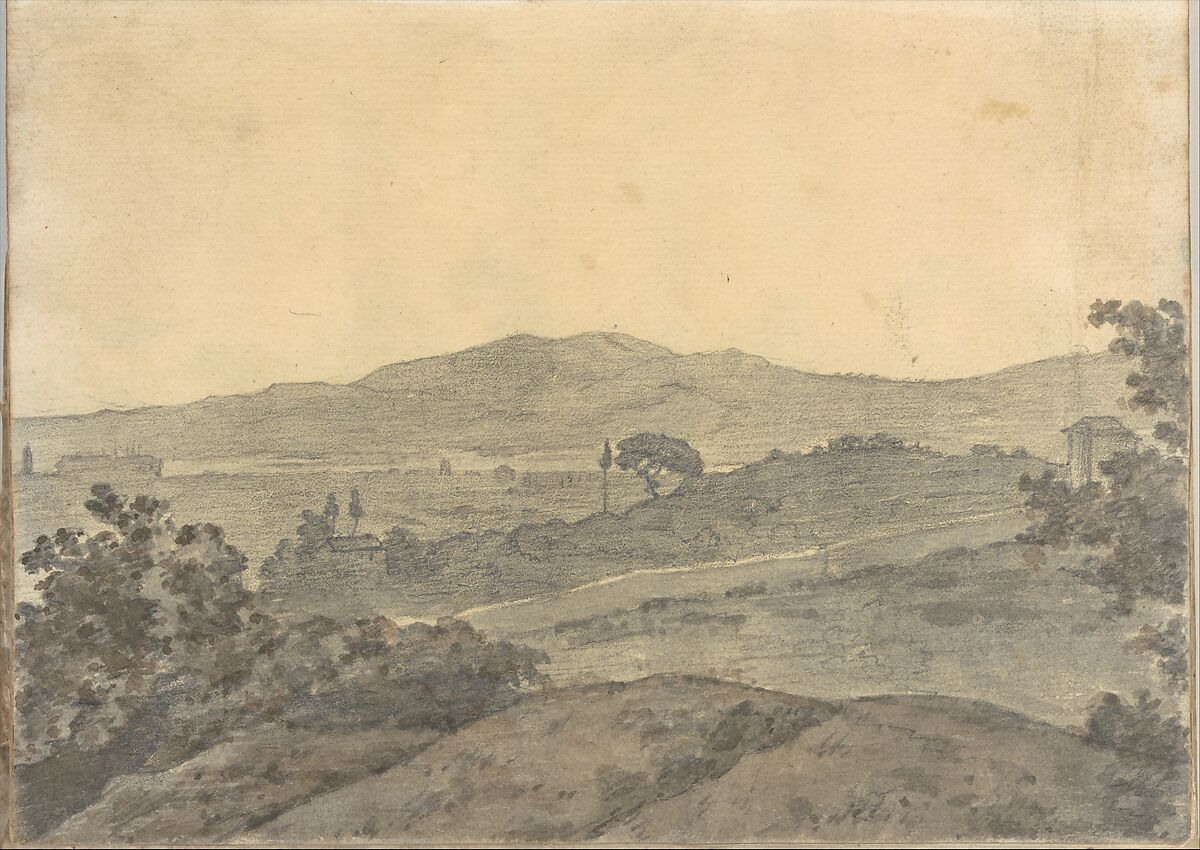 Landscape with distant buildings, near Rome (Smaller Italian sketchbook, leaf 28 recto), Joseph Wright (Wright of Derby) (British, Derby 1734–1797 Derby), Graphite, brush and brown, gray and yellow ink wash or watercolor 