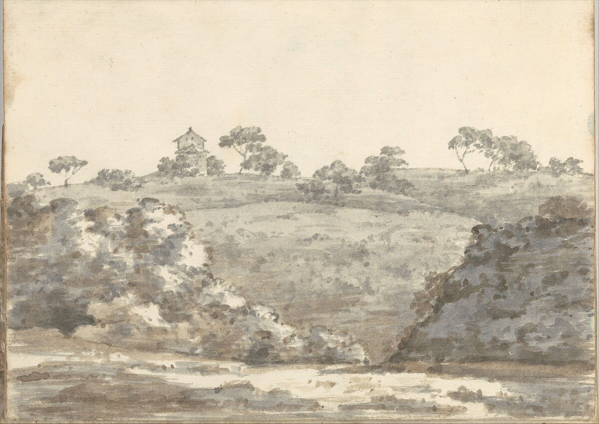 Landscape with a two-story building on a hill (Smaller Italian sketchbook, leaf 29 recto), Joseph Wright (Wright of Derby) (British, Derby 1734–1797 Derby), Graphite, brown and gray ink washes 