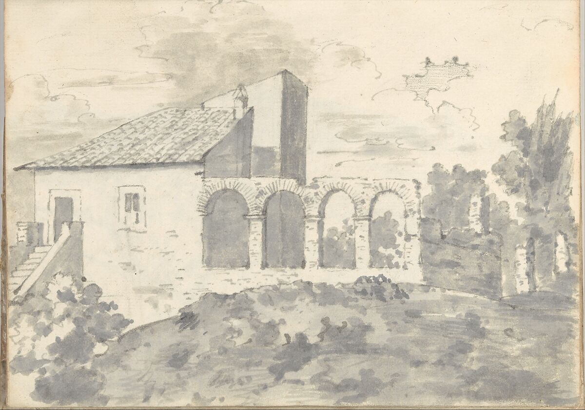 Tile-roofed building with an arcade, part of the walls at Rome (Smaller Italian sketchbook, leaf 31 recto), Joseph Wright (Wright of Derby) (British, Derby 1734–1797 Derby), Graphite, brush and gray ink wash 