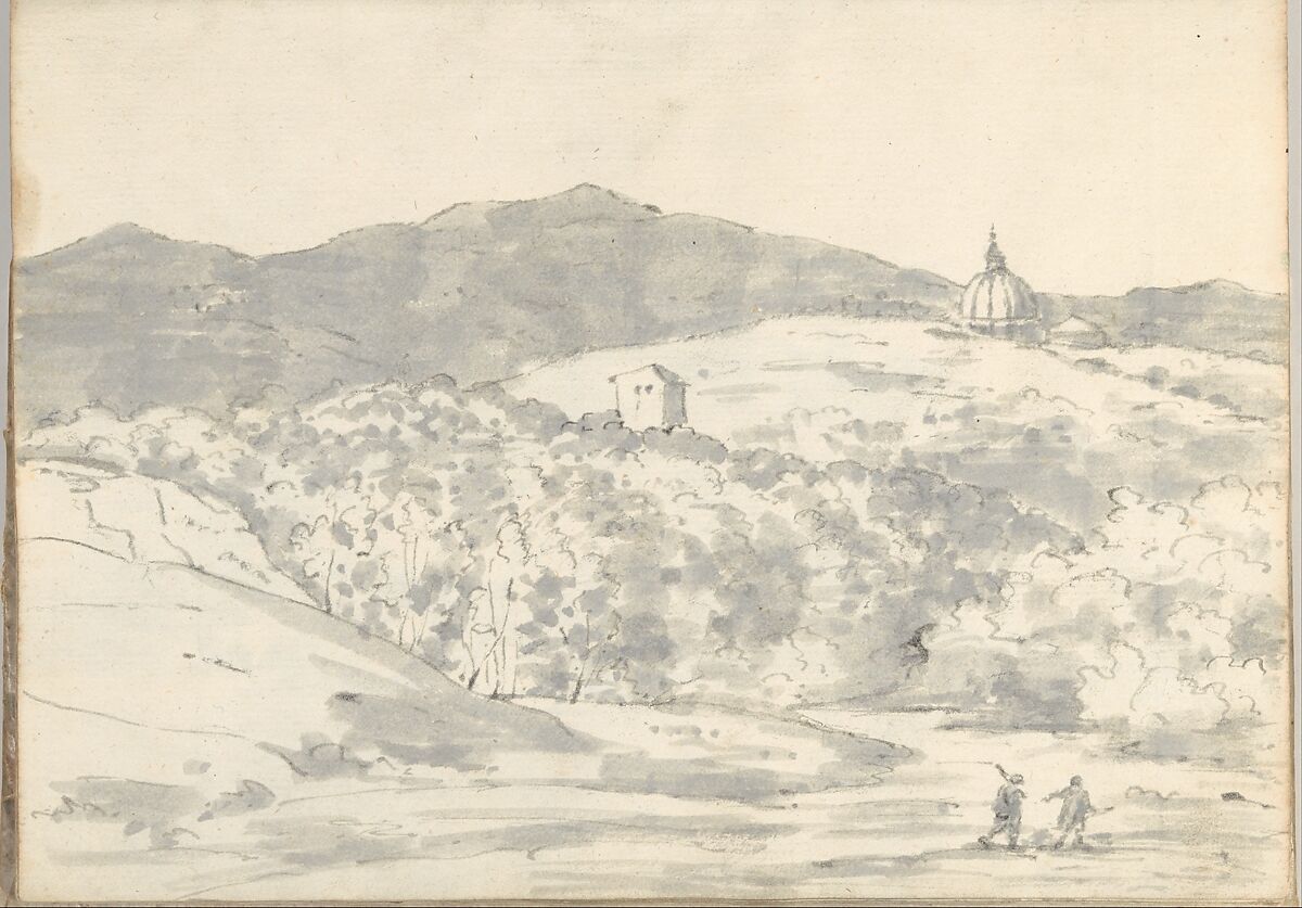 Landscape with a towered building and domed church, near Rome (Smaller Italian sketchbook, leaf 32 recto), Joseph Wright (Wright of Derby) (British, Derby 1734–1797 Derby), Pen and ink, brush and gray wash 