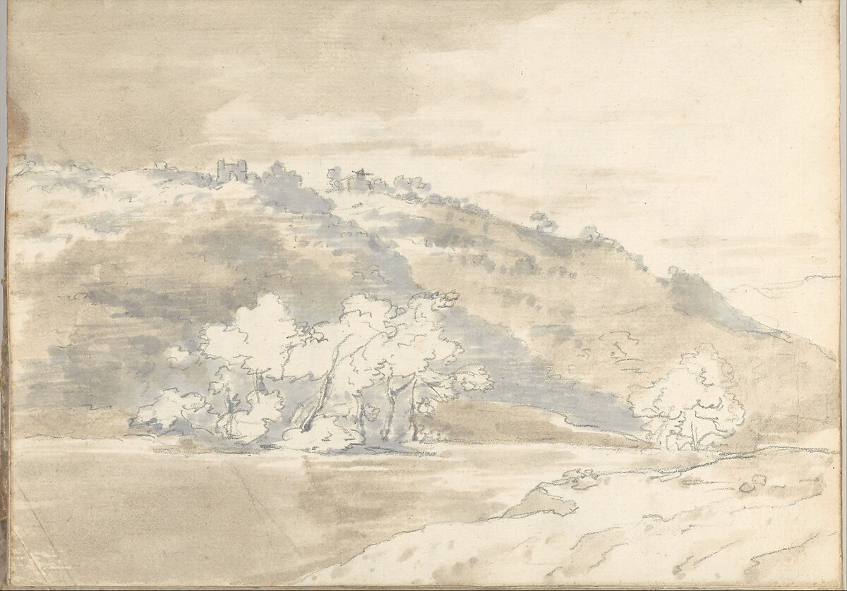 Upon the Tiber, near Rome (Smaller Italian sketchbook, leaf 33 recto), Joseph Wright (Wright of Derby) (British, Derby 1734–1797 Derby), Graphite, pen and gray ink, brush and gray and brown wash 
