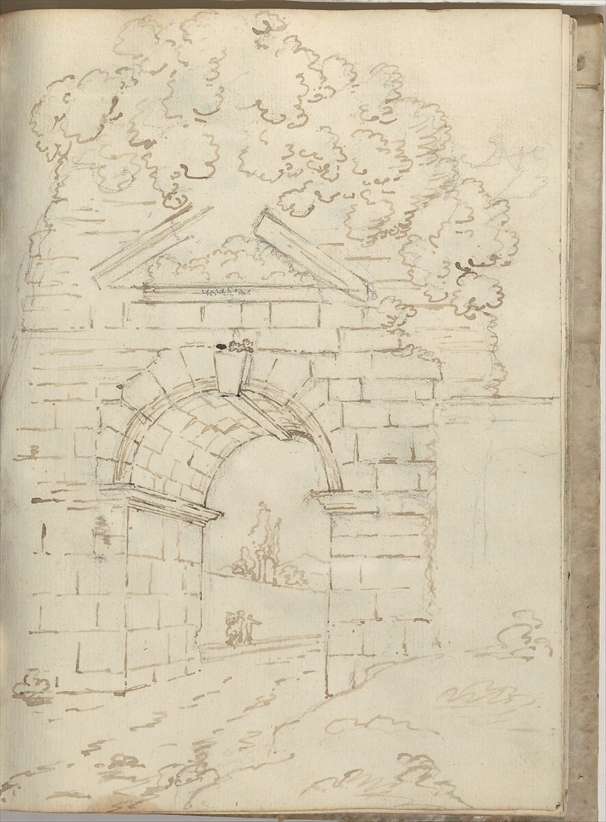 Overgrown Roman arch spanning a road (Smaller Italian sketchbook, leaf 34 recto), Joseph Wright (Wright of Derby) (British, Derby 1734–1797 Derby), Graphite, pen and brown ink 