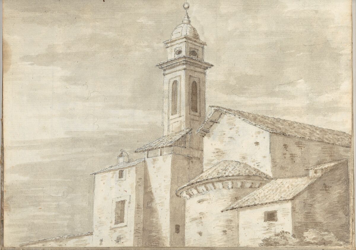 Church with a tower and tiled roof, at Rome (Smaller Italian sketchbook, leaf 36 recto), Joseph Wright (Wright of Derby) (British, Derby 1734–1797 Derby), Graphite, pen and ink, brush and brown wash 