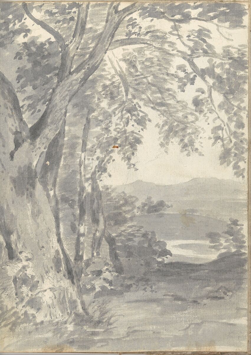 Landscape with trees and distant hills (Smaller Italian sketchbook, leaf 37 recto), Joseph Wright (Wright of Derby) (British, Derby 1734–1797 Derby), Brush and gray ink wash, touches of brown wash 