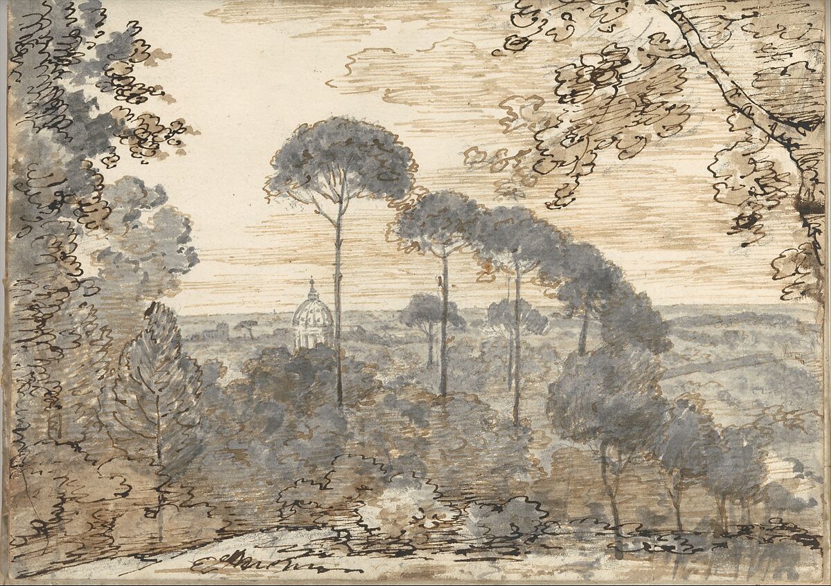 Landscape with a domed church, near Rome (Smaller Italian sketchbook, leaf 38 recto), Joseph Wright (Wright of Derby) (British, Derby 1734–1797 Derby), Pen and black ink, brush and gray and brown wash, over graphite 