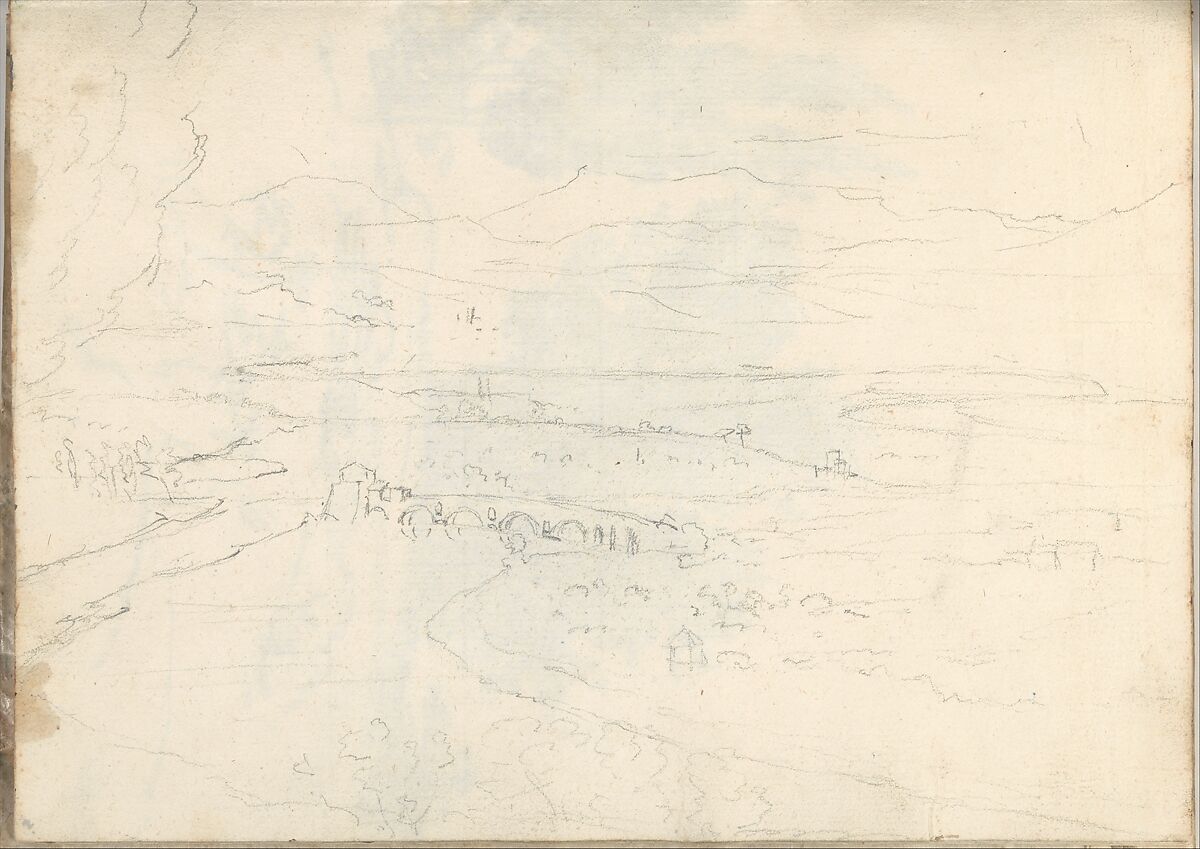 Landscape with a river, arched bridge and distant mountains, near Rome (Smaller Italian Sketchbook, leaf 39 recto), Joseph Wright (Wright of Derby) (British, Derby 1734–1797 Derby), Graphite 