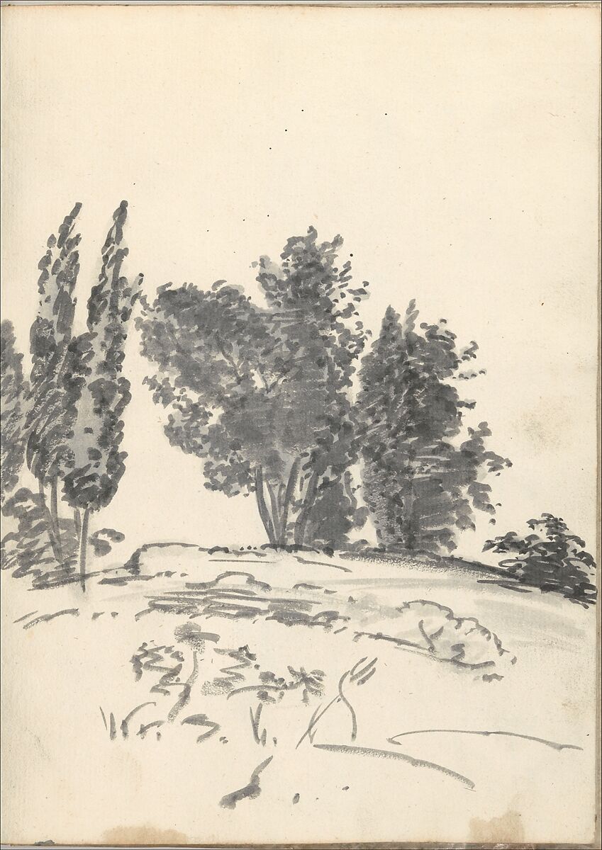 Trees, bushes and vegetation (Smaller Italian sketchbook, leaf 40 recto), Joseph Wright (Wright of Derby) (British, Derby 1734–1797 Derby), Brush and gray ink wash 