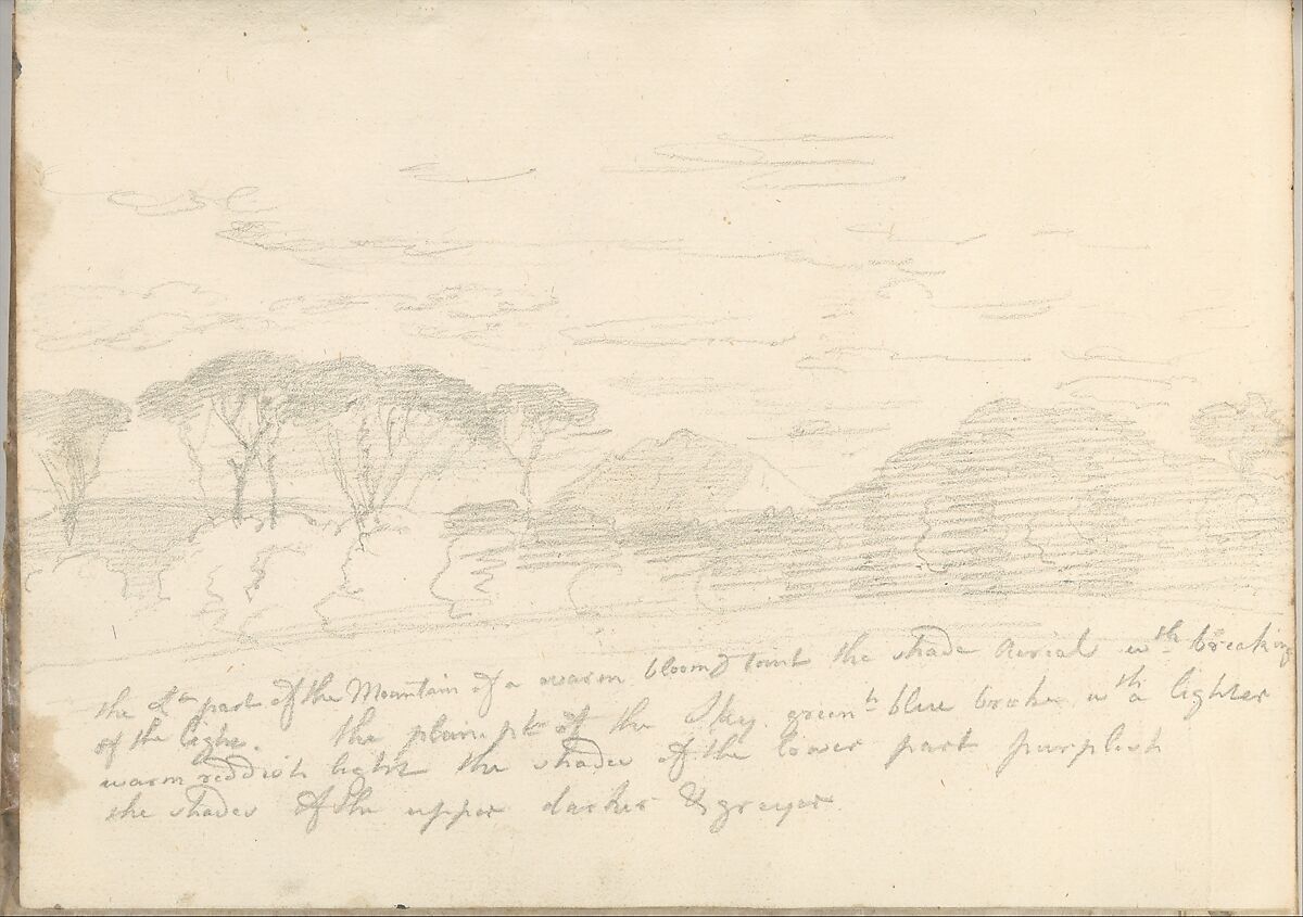 Landscape with Umbrella Pines and Distant Mountain (Smaller Italian Sketchbook, leaf 41 recto), Joseph Wright (Wright of Derby) (British, Derby 1734–1797 Derby), Graphite 