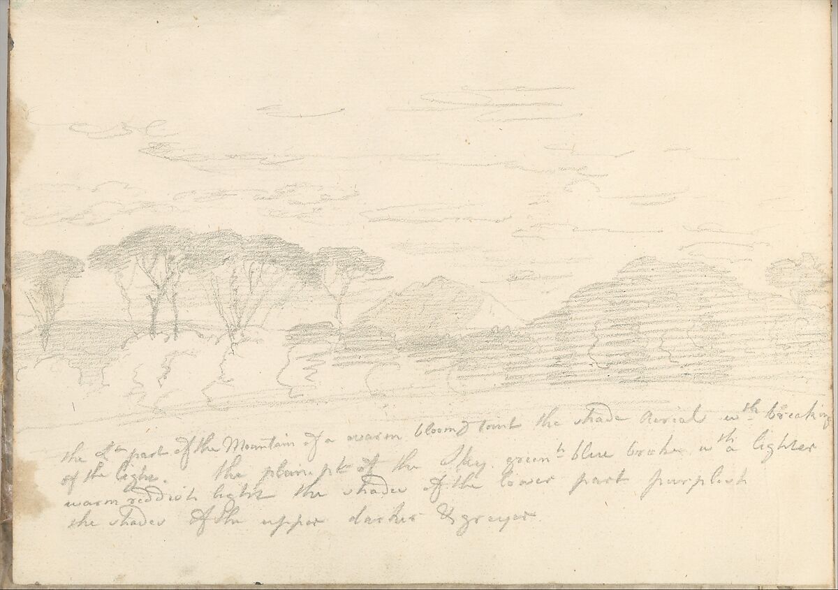 Landscape with umbrella pines and a distant mountain, near Rome (Smaller Italian sketchbook, leaf 41 recto), Joseph Wright (Wright of Derby) (British, Derby 1734–1797 Derby), Graphite 