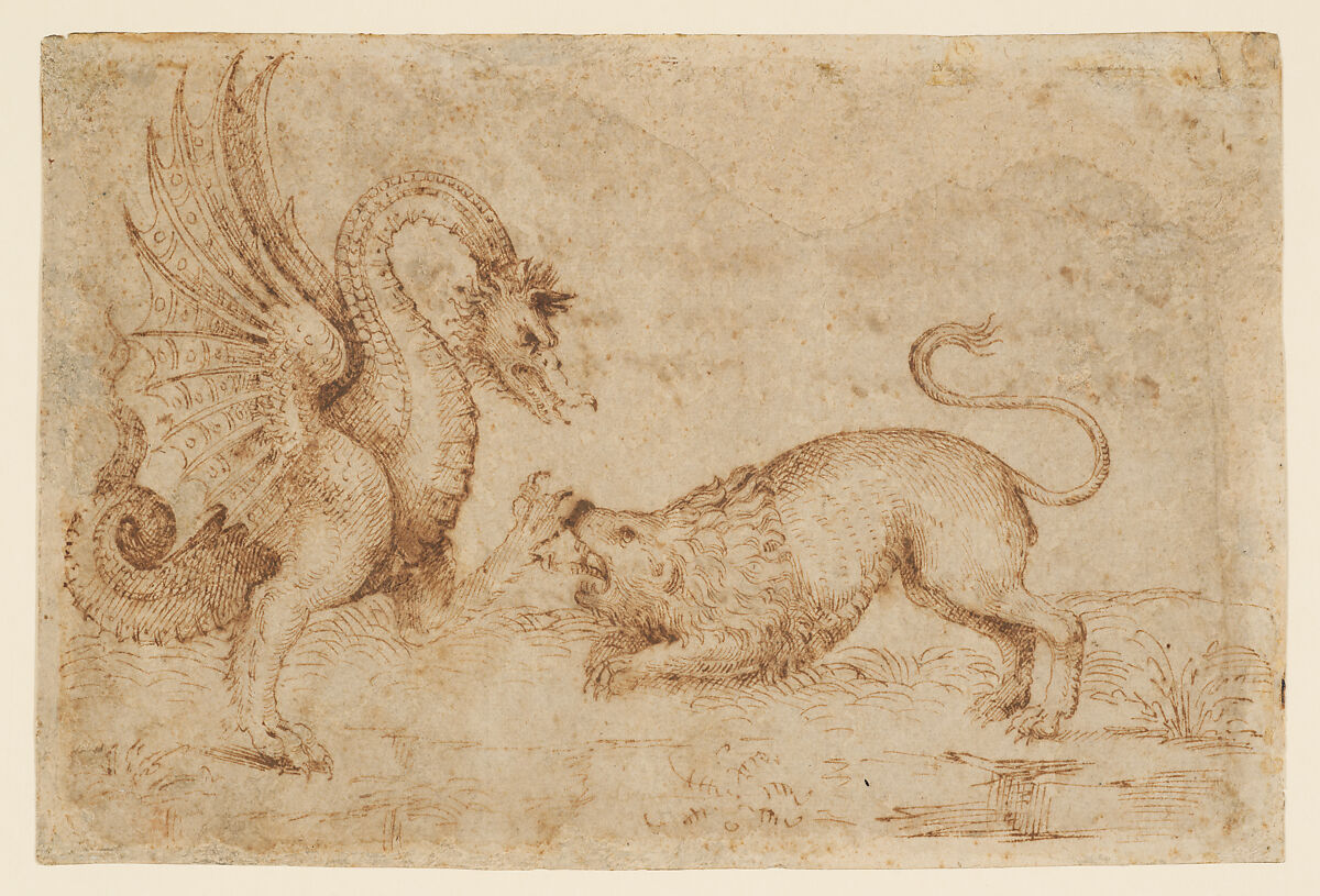 A Lion Confronting a Dragon, Anonymous, Italian, Tuscan, 16th century, Pen and brown ink 