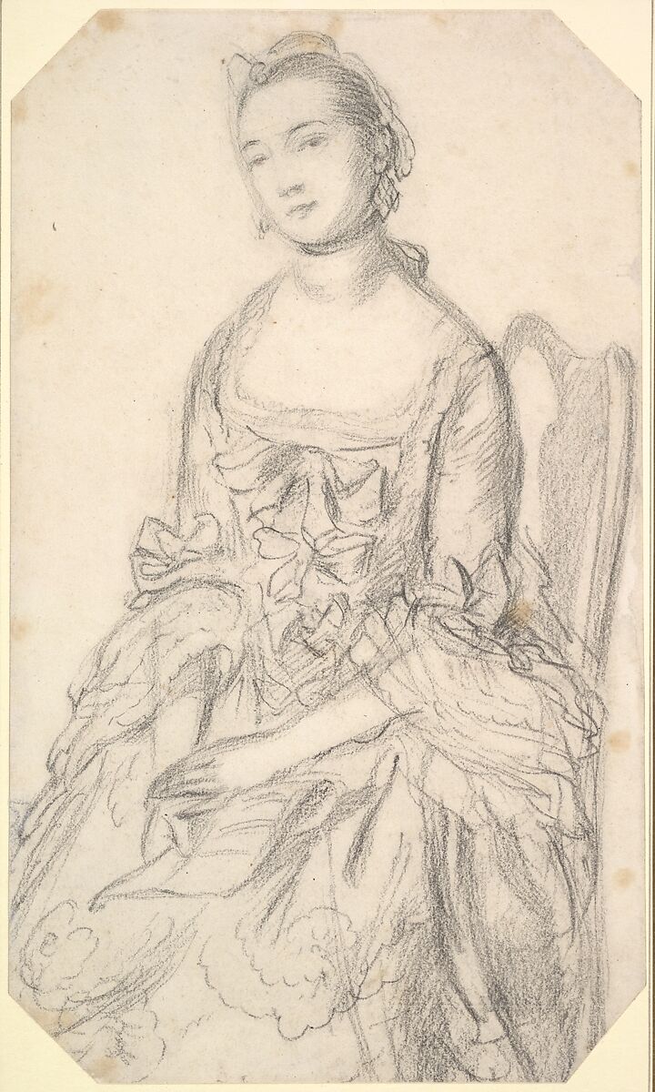 Portrait of a young woman seated, Thomas Gainsborough (British, Sudbury 1727–1788 London), Black chalk with touches of red wash 