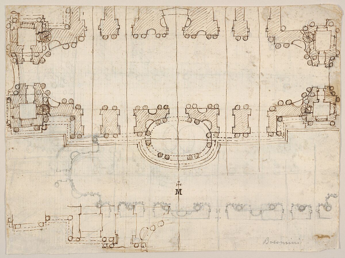 Studies for the Nave and Narthex of San Giovanni in Laterano, Rome (recto and verso), Francesco Borromini (Italian, Bissone near Lugano 1599–1667 Rome), Black chalk (recto); pen and brown ink and black chalk (verso) 