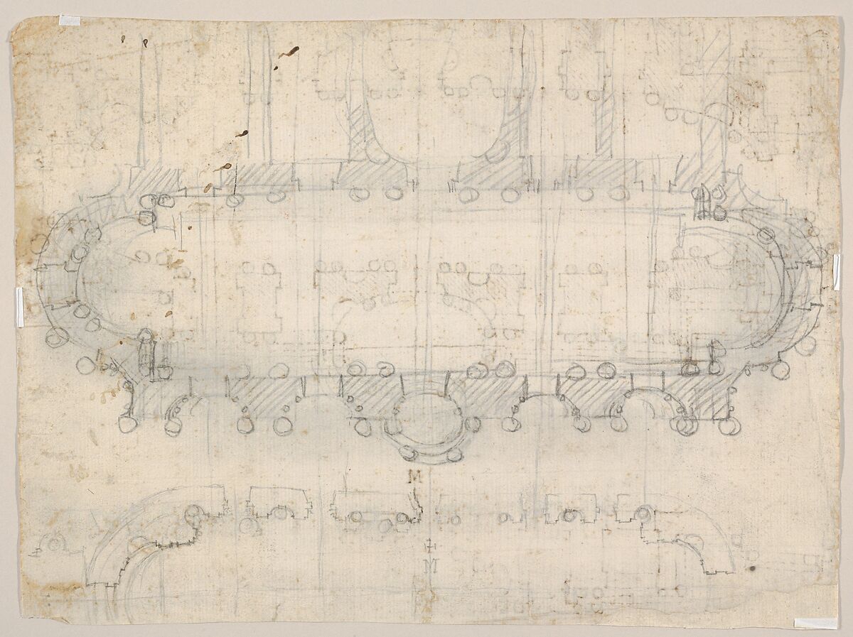 Studies for the Nave and Narthex of San Giovanni in Laterano, Rome (recto and verso), Francesco Borromini (Italian, Bissone near Lugano 1599–1667 Rome), Black chalk (recto); pen and brown ink and black chalk (verso)