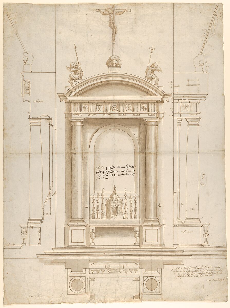 Design for an Altar Surmounted by a Crucifix in Four Different Views, Vincenzo de&#39; Rossi (Italian, Fiesole 1525–1587 Florence), Pen and brown ink, brush and gray-brown wash over traces of black chalk, ruling and compass work 