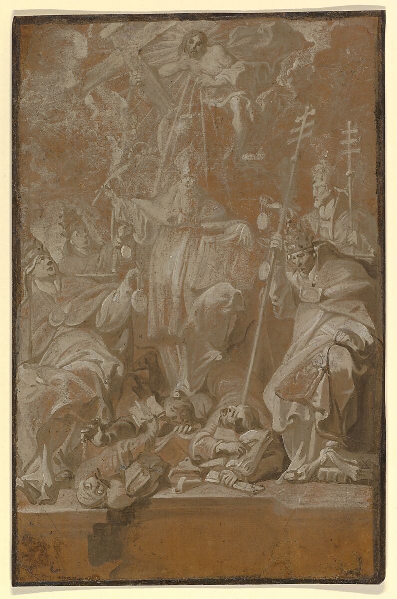 Saint Lambert Trampling his Murderers, Surrounded by the Four Church Fathers, Antoine Sallaert (Flemish, Brussels ca. 1580/85–1650 Brussels), Oil on paper (brunaille) 