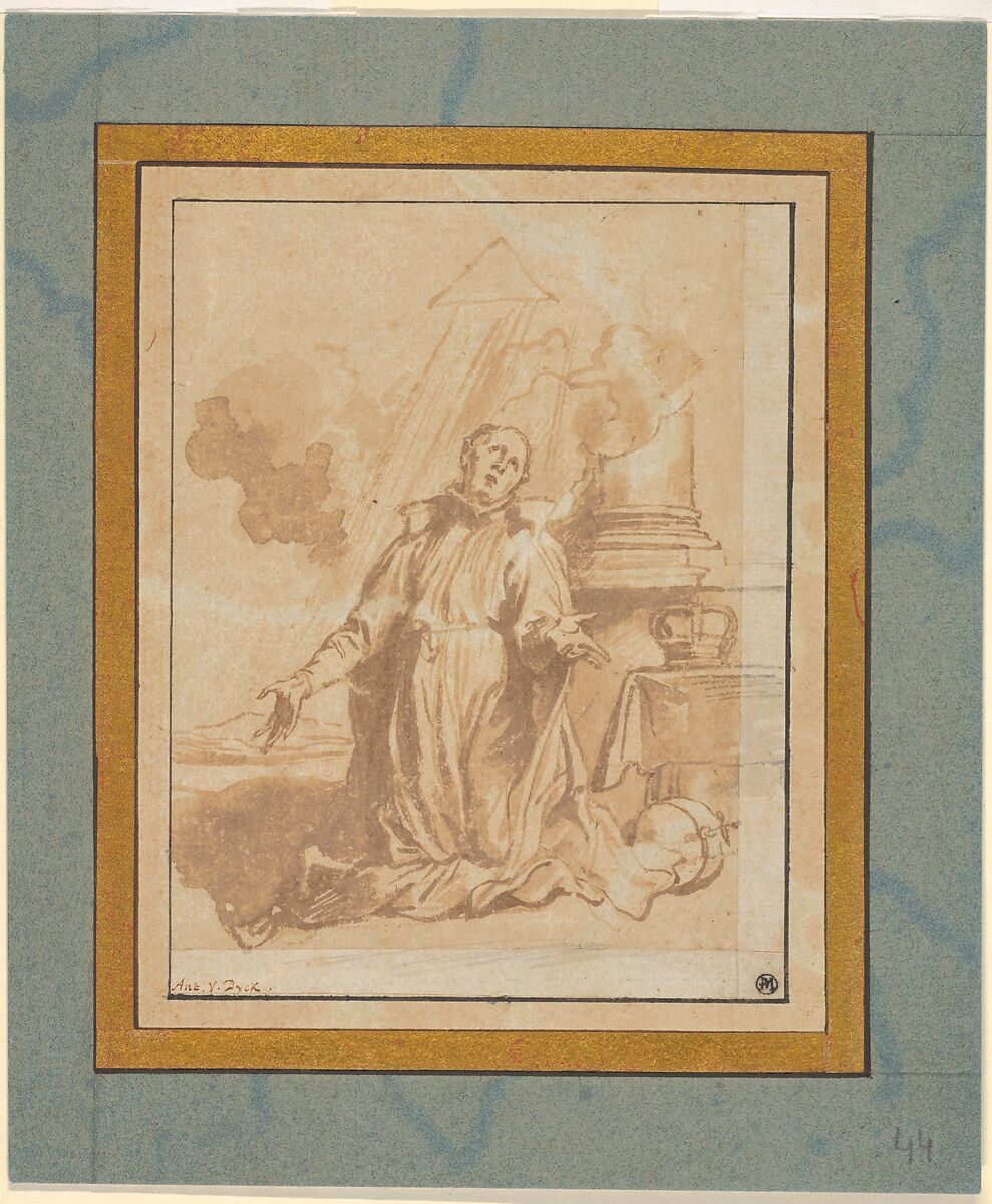 The Blessed Aloysius Gonzaga in Ecstasy, Anthony van Dyck (Flemish, Antwerp 1599–1641 London), Brush and brown ink; enlarged (probably by Pierre-Jean Mariette) below and at right with strips of ca. 7 mm and completed with brush and gray wash; framing lines in pen and black ink 