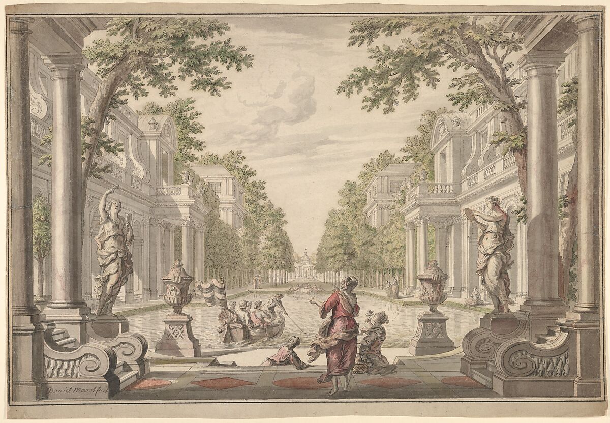 View of a Palace Garden with a Central Pond Surrounded by Classical Architecture (Tapestry or Stage Design?), Daniel Marot the Elder (French, Paris 1661–1752 The Hague), Pen and black ink and watercolor 