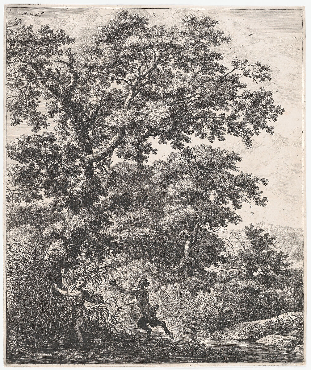 Landscape with Pan and Syrinx, from "Six Mythological Scenes", Anthonie Waterloo (Dutch, Lille 1609–1690 Utrecht), Etching; second state of three