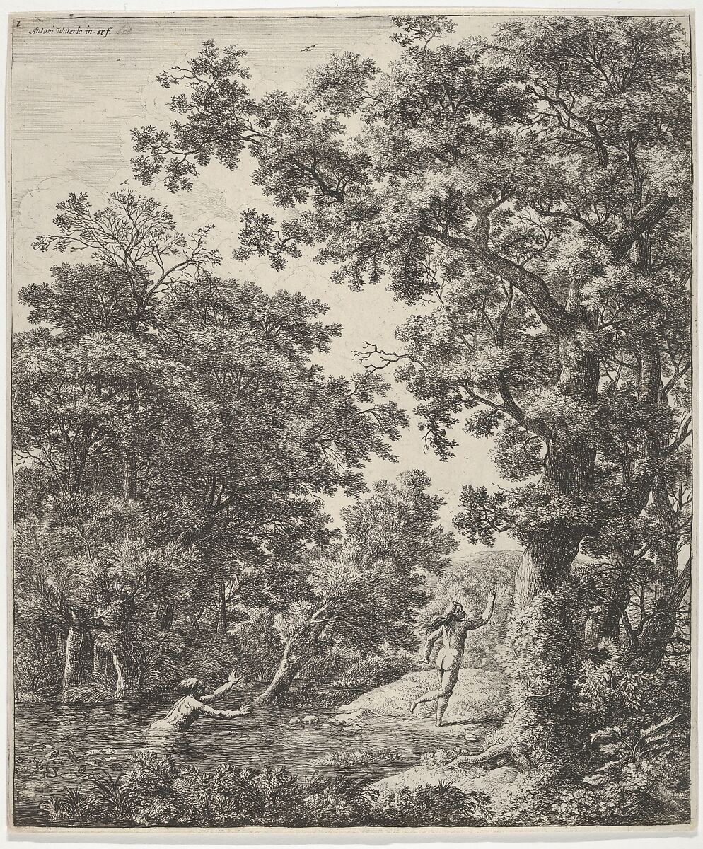 Landscape with Alpheus and Arethusa, from the Series of Six Mythological Scenes, Anthonie Waterloo (Dutch, Lille 1609–1690 Utrecht), Etching; second state of three 