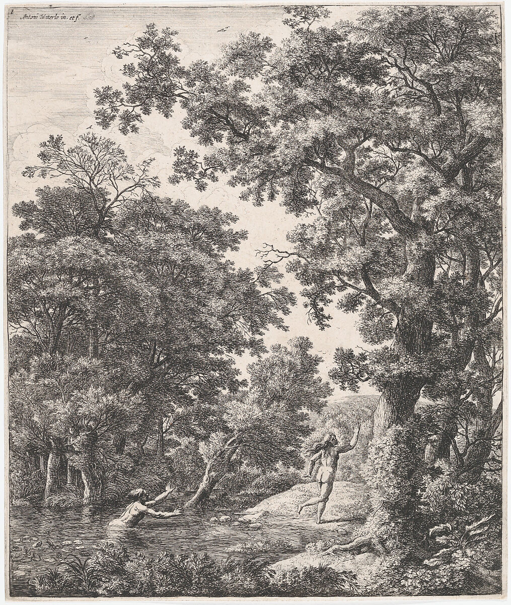 Landscape with Alpheus and Arethusa, from "Six Mythological Scenes", Anthonie Waterloo (Dutch, Lille 1609–1690 Utrecht), Etching; second state of three