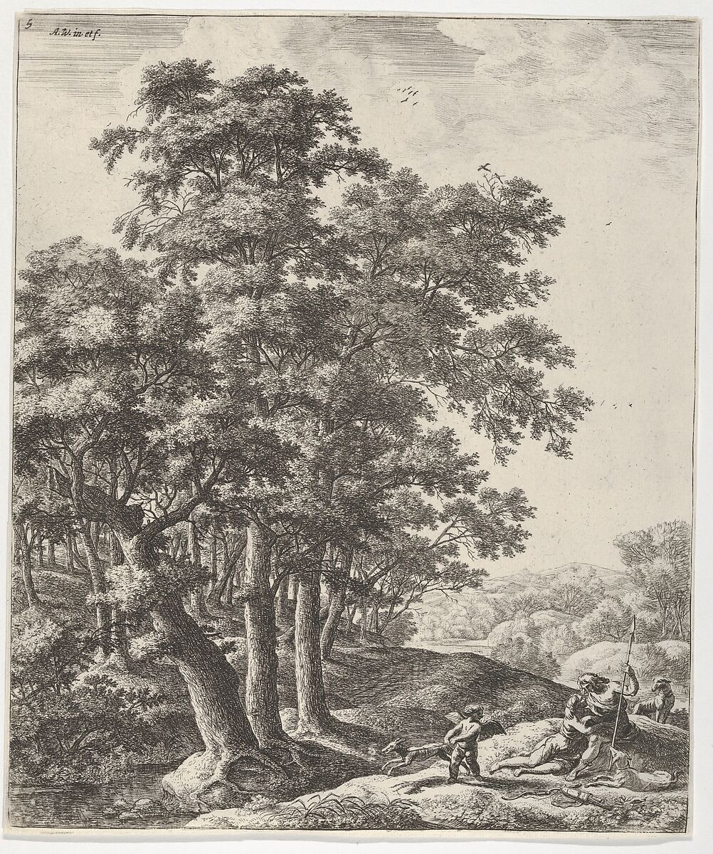 Landscape with Venus and Adonis, from the Series of Six Mythological Scenes, Anthonie Waterloo (Dutch, Lille 1609–1690 Utrecht), Etching; third state of three. 