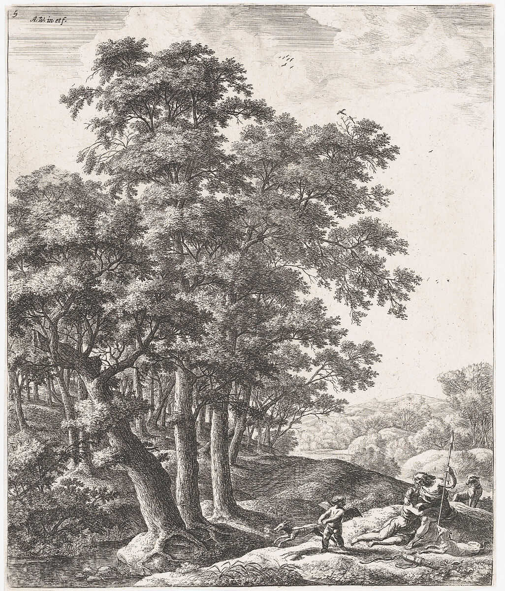 Landscape with Venus and Adonis, from "Six Mythological Scenes", Anthonie Waterloo (Dutch, Lille 1609–1690 Utrecht), Etching; third state of three